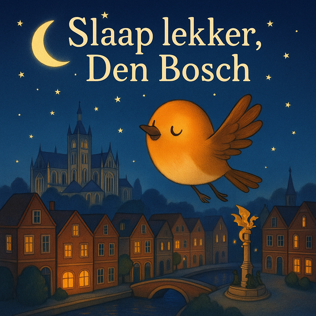kaft van prentenboek voor kinderen over vogeltje genaamd Robbie het Roodborstje dan langs heel Den Bosch vliegt